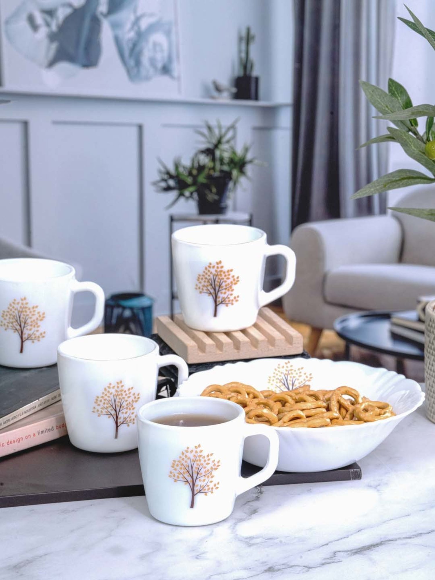 Cello White Opalware 4 Ricca Mug & 1 Bowl  (0.18 L)