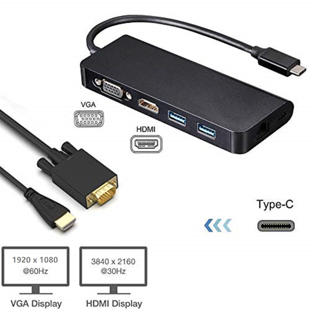 6-in-1 Type-C Dongle with 4K HDMI 1080p VGA Gigabit LAN 60W PD 2 x USB3.0 Adapter USB-C HD Video Converter  6in1 USB-C to HDMI VGA RJ45 PD USB HUB.