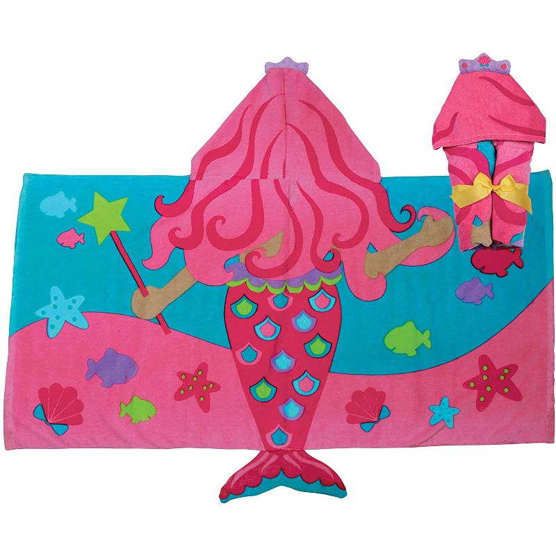Stephen Joseph Cotton 3 Piece Hooded Beach and Bath Mermaid Theme Towel and Beach Carry Tote Bag and Mermaid Toy Set Accessory