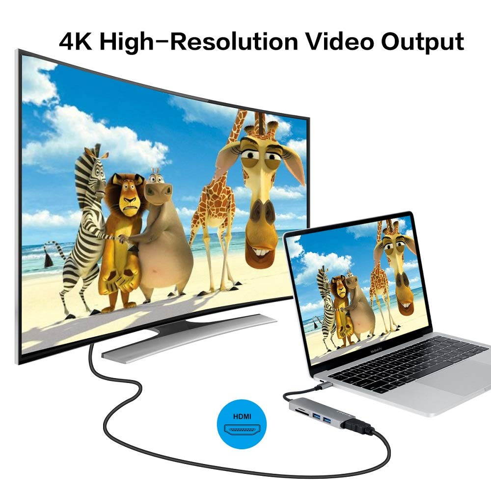 5 in 1 Type-C to HDMI 4K Video Converter with SD/TF Card Reader and 2 USB3.0 HUB, 5in1 USB-C to 4K HDMI 2 x USB 3.0 SD TF Dock.