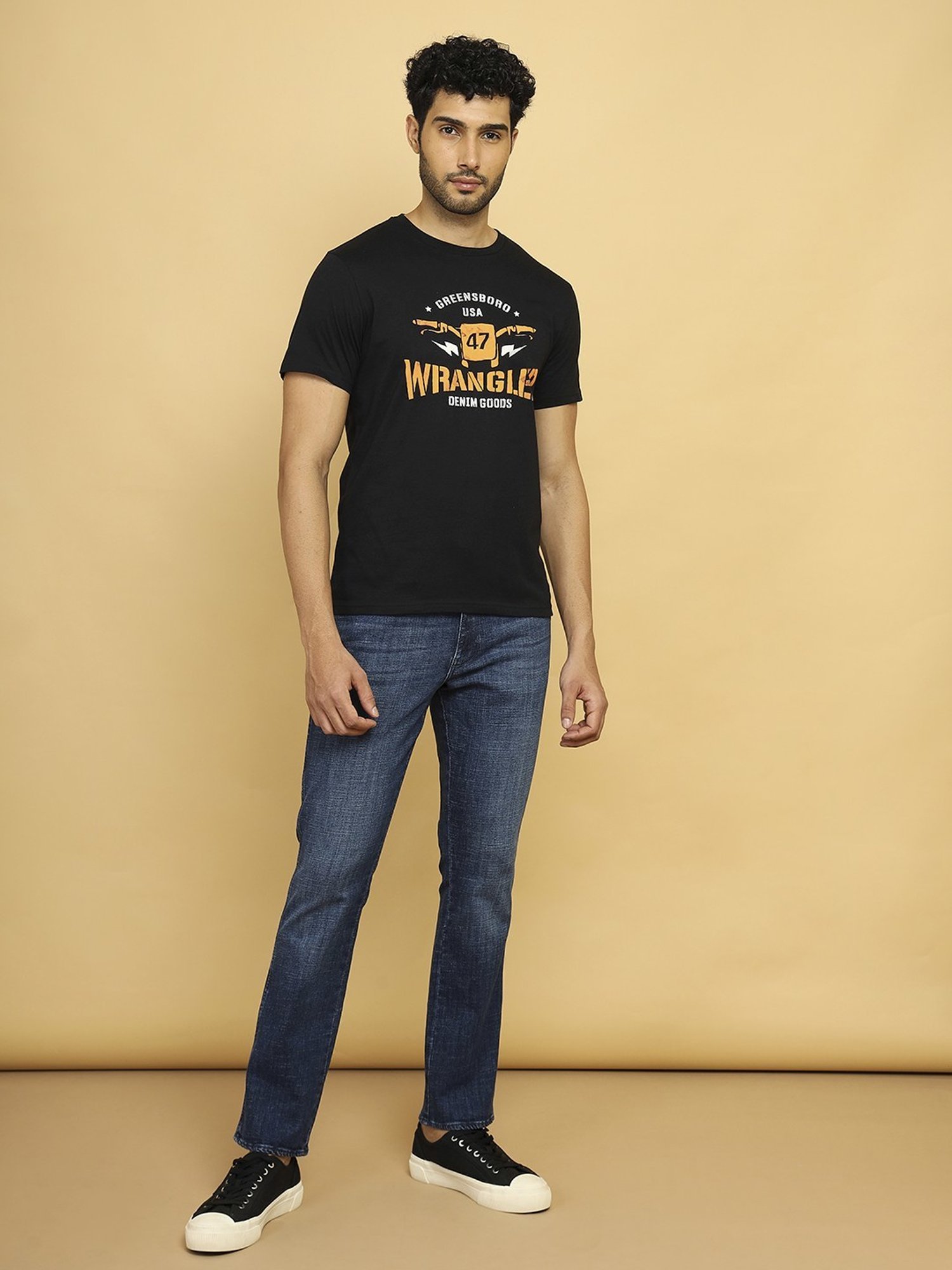 Wrangler Jet Black Cotton Regular Fit Printed T-Shirt