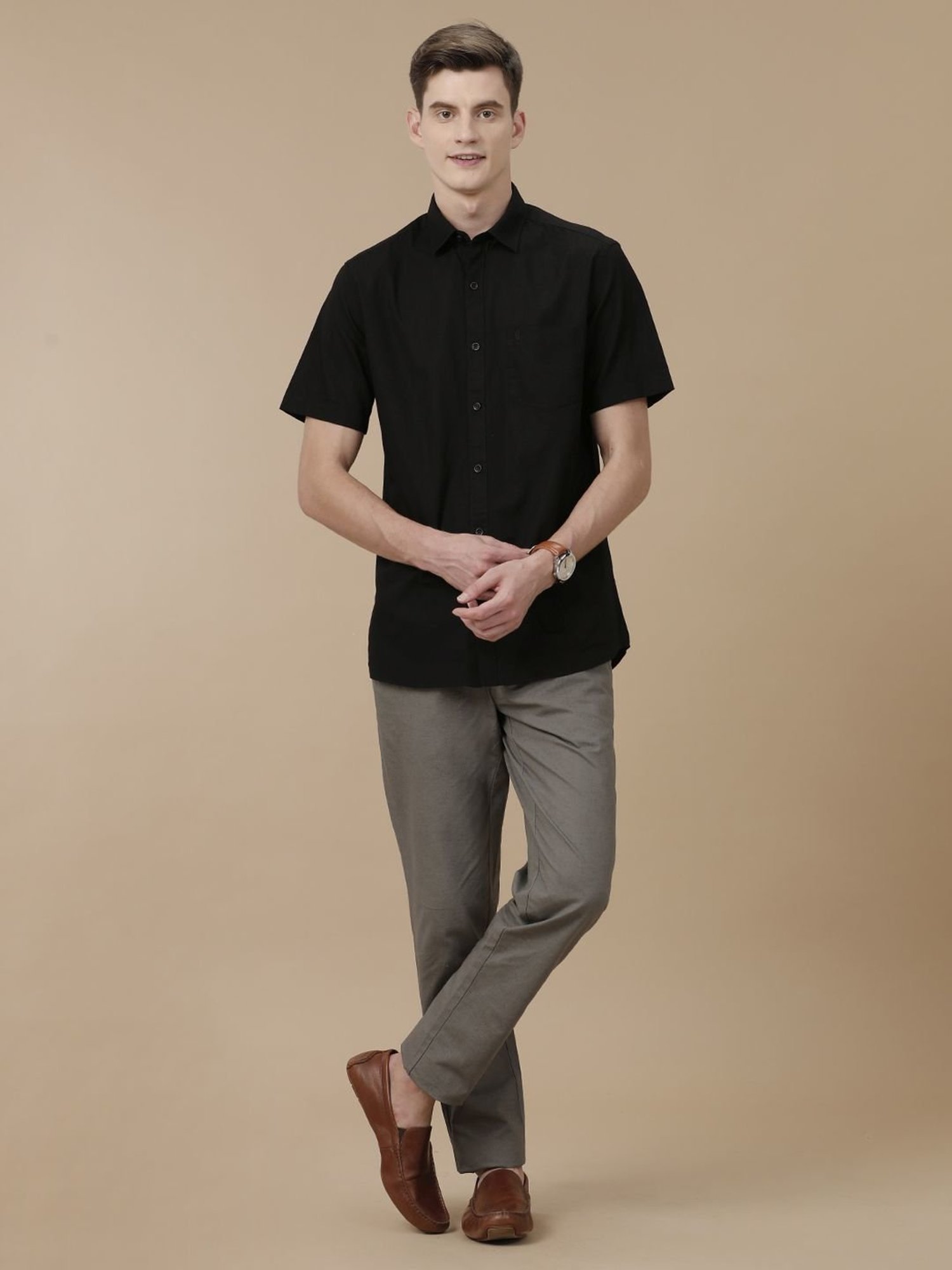 Cavallo By Linen Club Black Linen Contemporary Fit Shirt