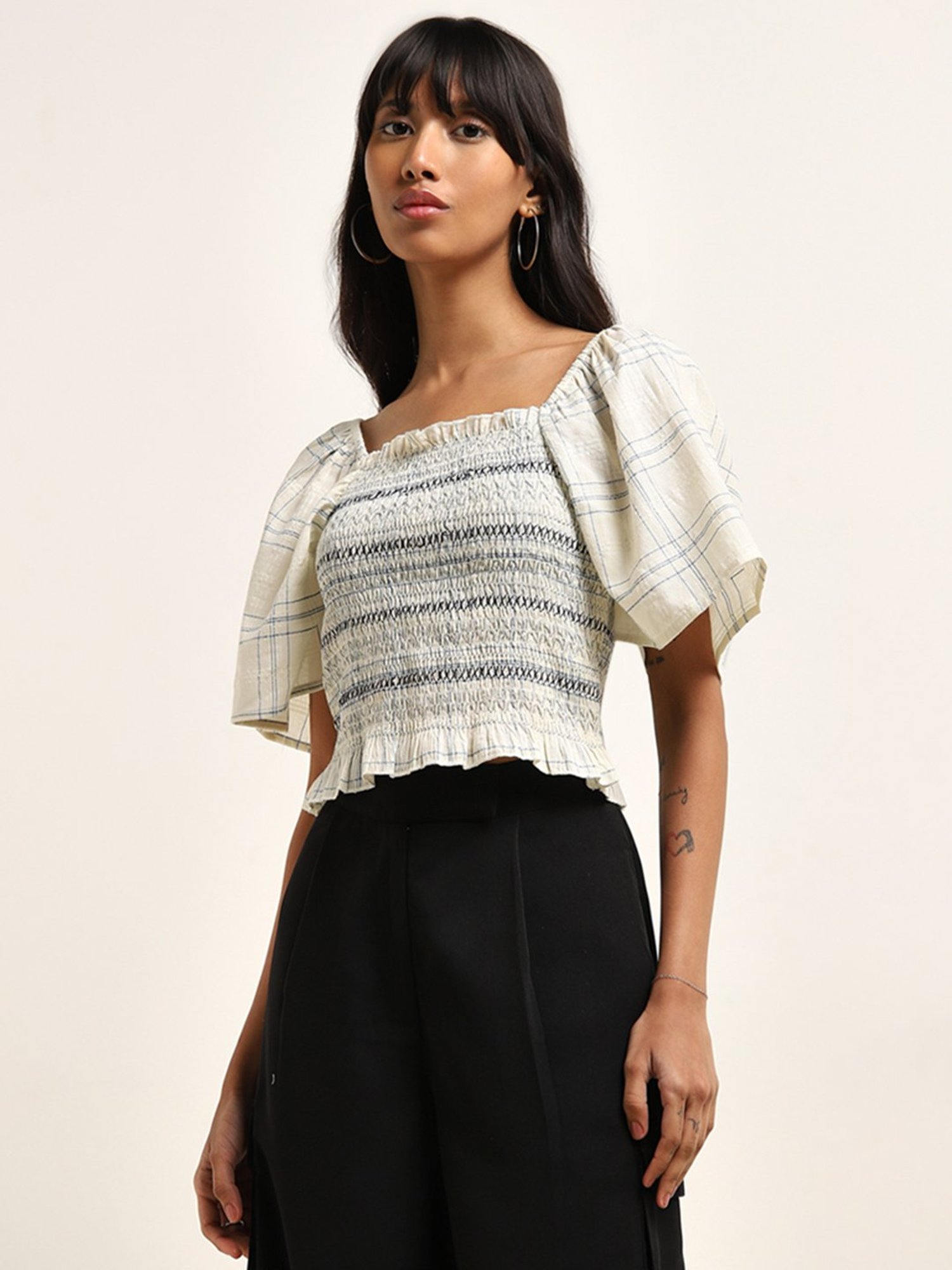 Bombay Paisley by Westside Ivory Checks Design Smocked Cotton Top