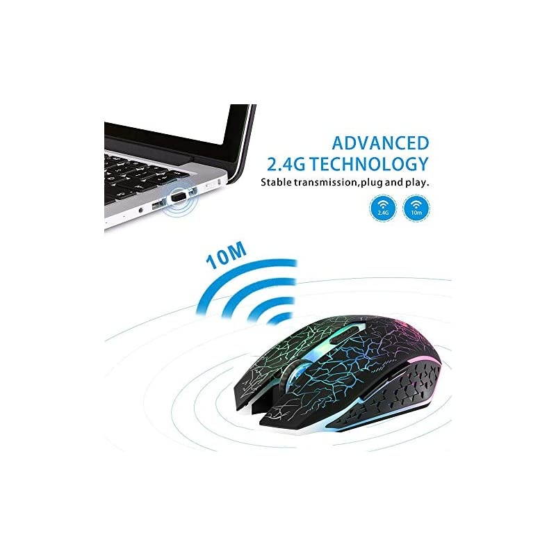 M2 Wireless Gaming Mouse Silent Rechargeable Optical USB Computer Mice Wireless with 7 Color LED Light Ergonomic Design 3 Adjustable DPI Compatible with LaptopPCNotebook 6 Buttons Black