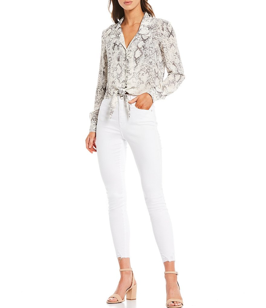 Gianni Bini Rebecca Snake Print Satin Button Front Tie Hem Blouse