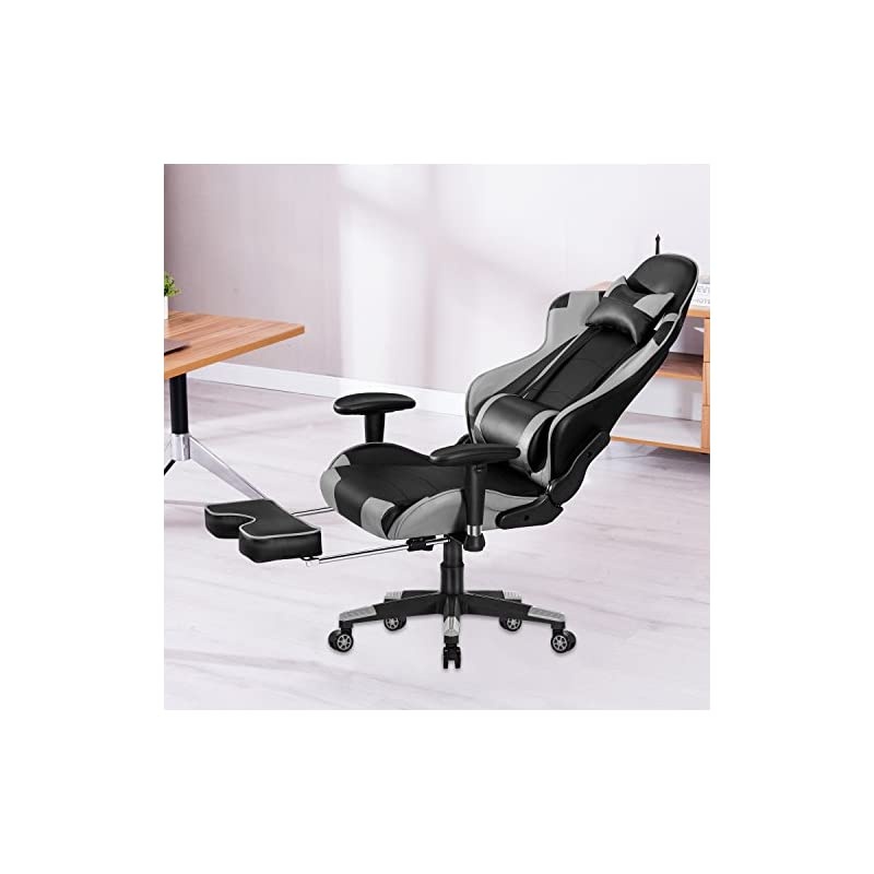 Back Massage Gaming Chair with Footrest,PC Computer Video Game Racing Gamer Chair High Back Reclining Executive Ergonomic Desk Office Chair with Headrest Lumbar Support Cushion GM002 (Grey)