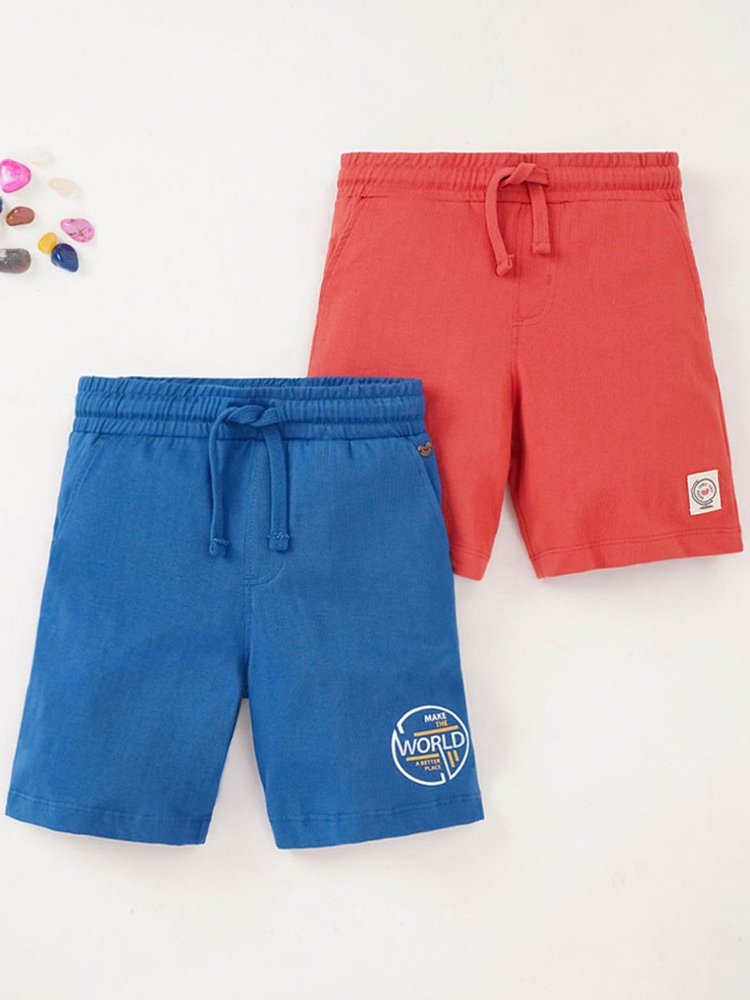Ed-a-Mamma Kids Blue & Red Cotton Printed Shorts (Pack of 2)