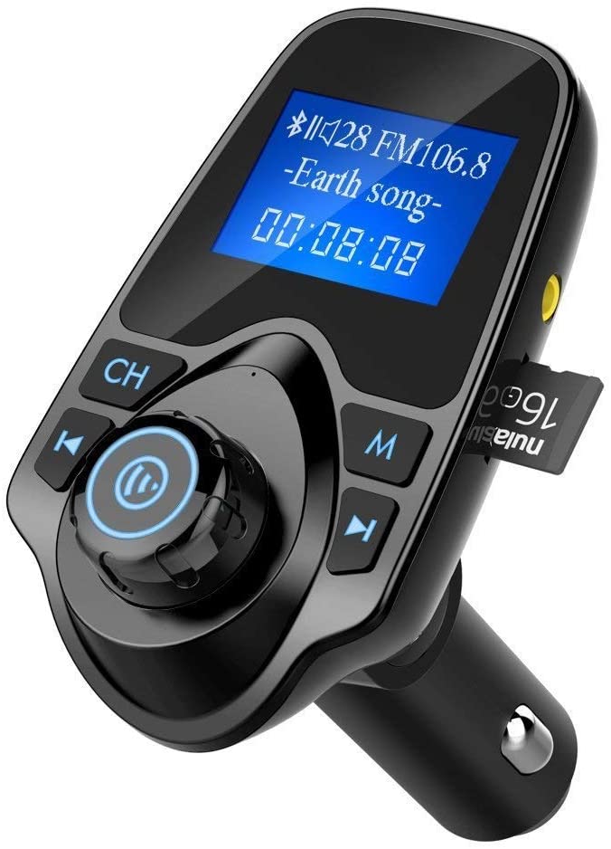 Bluetooth Car FM Transmitter Audio Adapter Receiver Wireless Handsfree Voltmeter Car Kit TF Card AUX USB 1.44 Display - KM19 Black