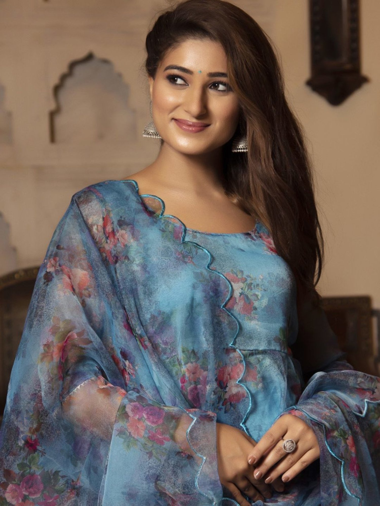 Calmna Blue Bloom Floral Anarkali Suit Set with Scalped Dupatta