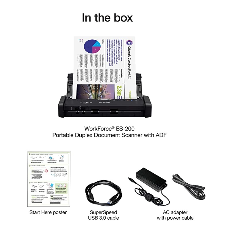 WorkForce ES-200 Color Portable Document Scanner with ADF for PC and Mac, Sheet-fed and Duplex Scanning