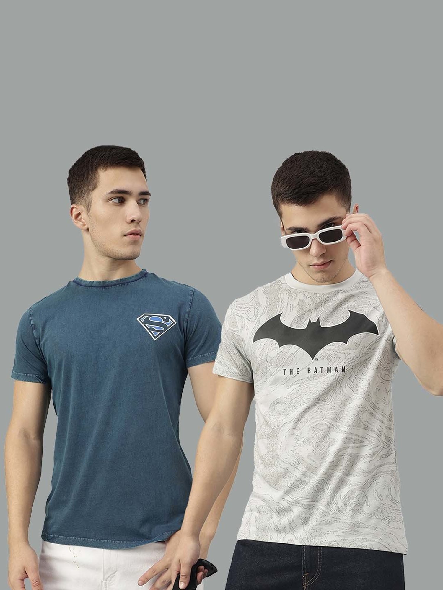 Free Authority Blue & Light Grey Regular Fit Dc Comics Printed Crew T-Shirt - Pack of 2