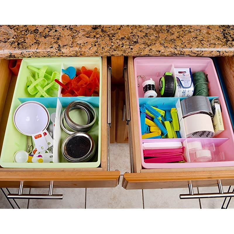 Adjustable Drawer Organizers (6 Set) with Customizable Dividers in Stackable Durable Plastic for Underwear Crafts Baby Clothes Office Bathroom & Under Sink Storage (Multicolor)