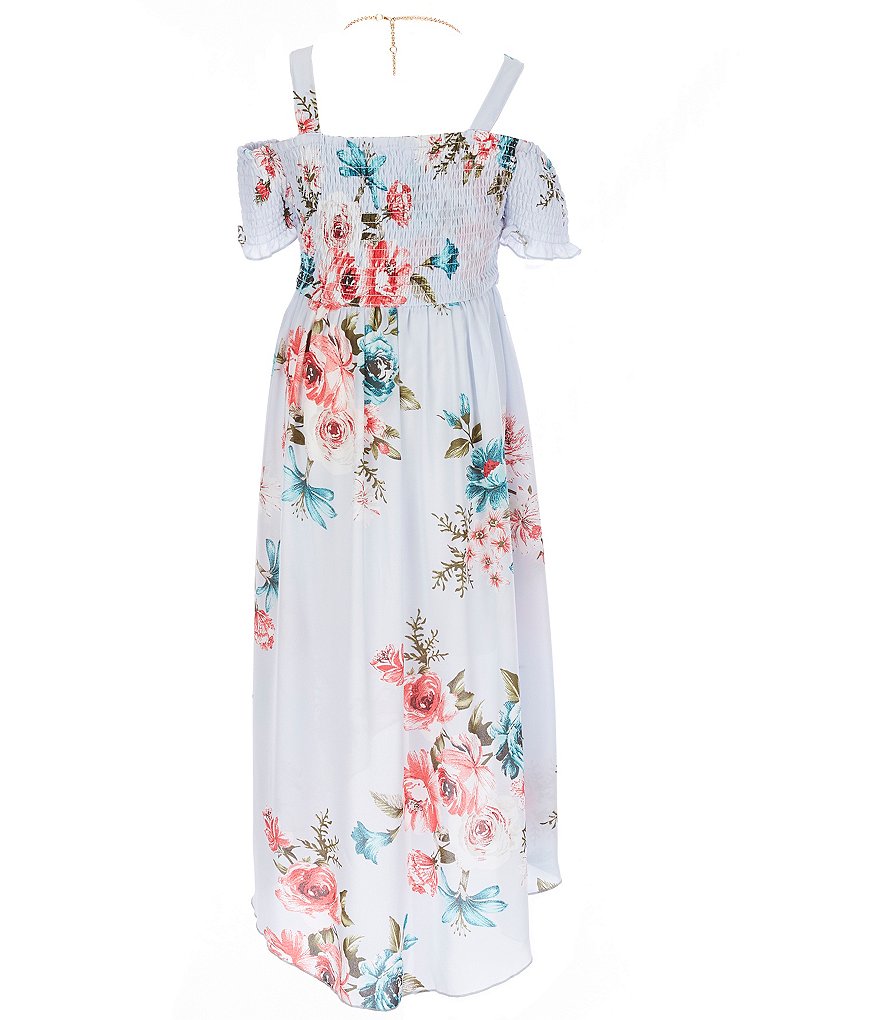 Rare Editions Big Girls 7-16 Cold-Shoulder Smocked Floral Hi-Low Dress