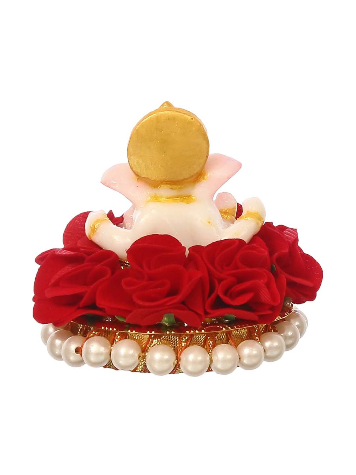 eCraftIndia Lord Ganesha Idol on Decorative Handcrafted Plate with Red Flowers