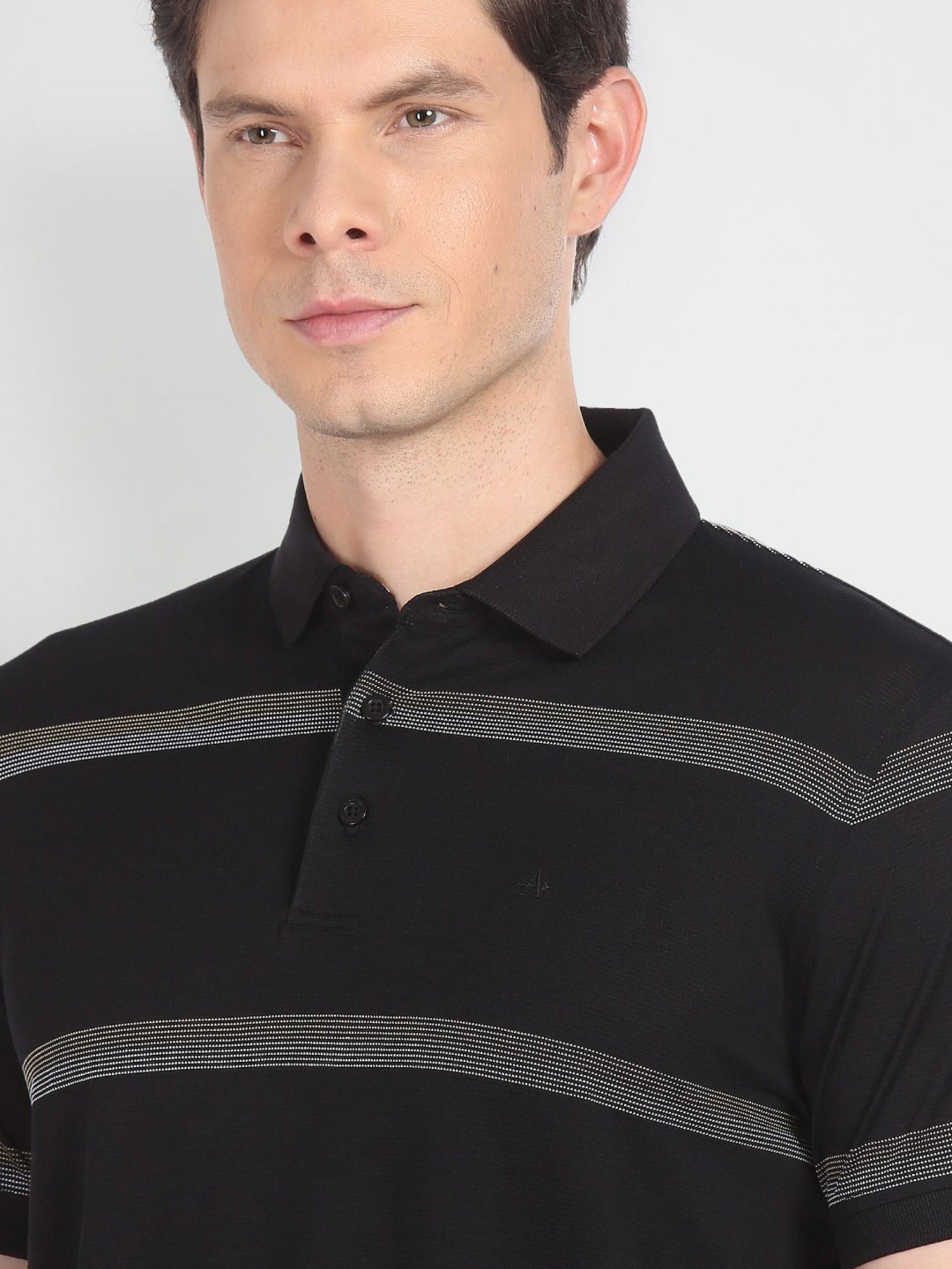 Arrow Black Cotton Regular Fit Striped Polo T-Shirt