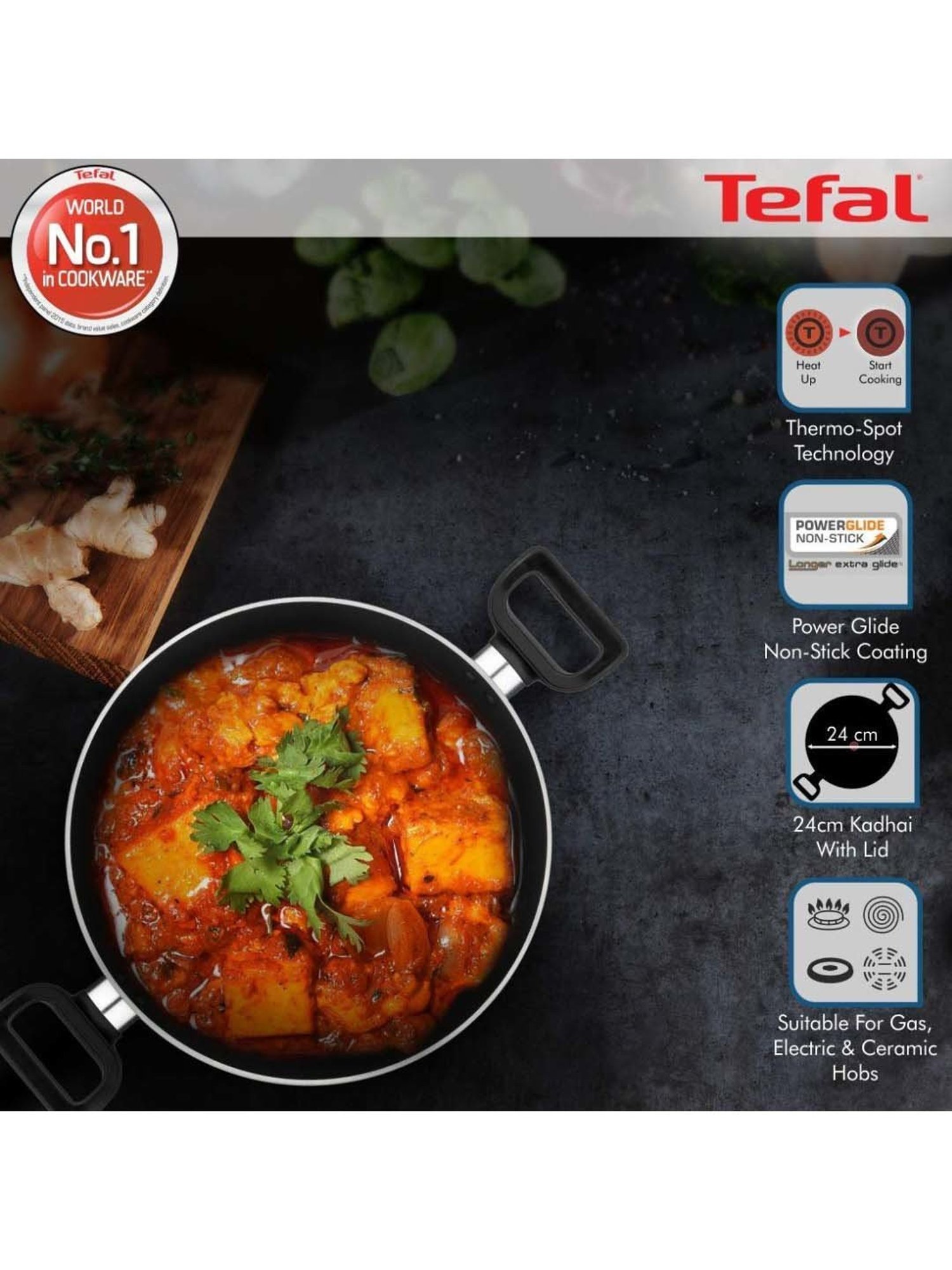 Tefal Delicia Black Aluminium 24 cm Greyish Non-Stick Kadhai With Lid (2.4 L)