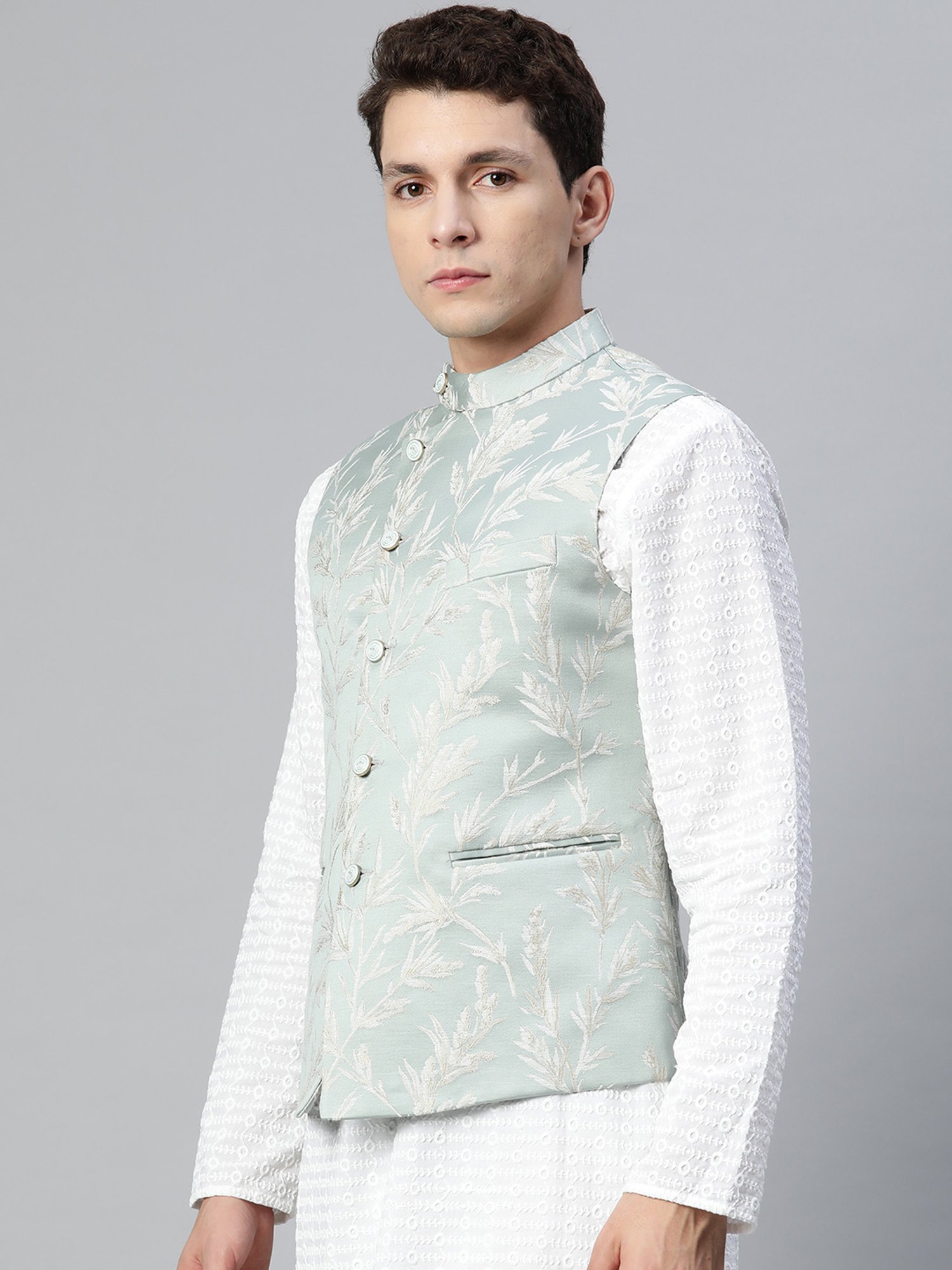 VASTRAMAY Teal Green Regular Fit Printed Nehru Jacket
