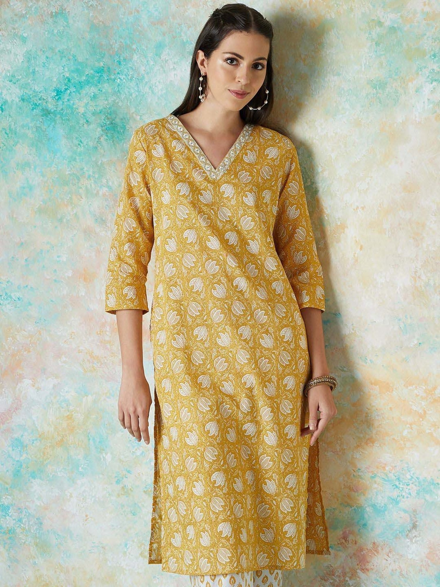 Melange by Lifestyle Mustard & White Cotton Printed Kurta & Pant Set