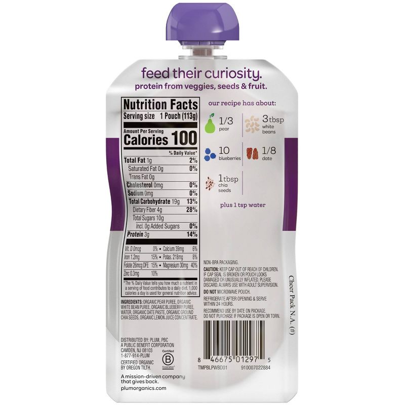 Plum Organics Mighty Protein & Fiber Pear White Bean Blueberry Date & Chia Baby Food Pouch - 4oz