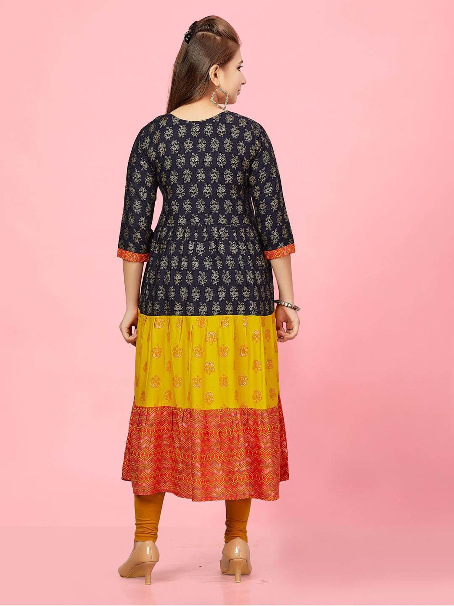 Aarika Kids Navy & Yellow Cotton Embroidered Kurti