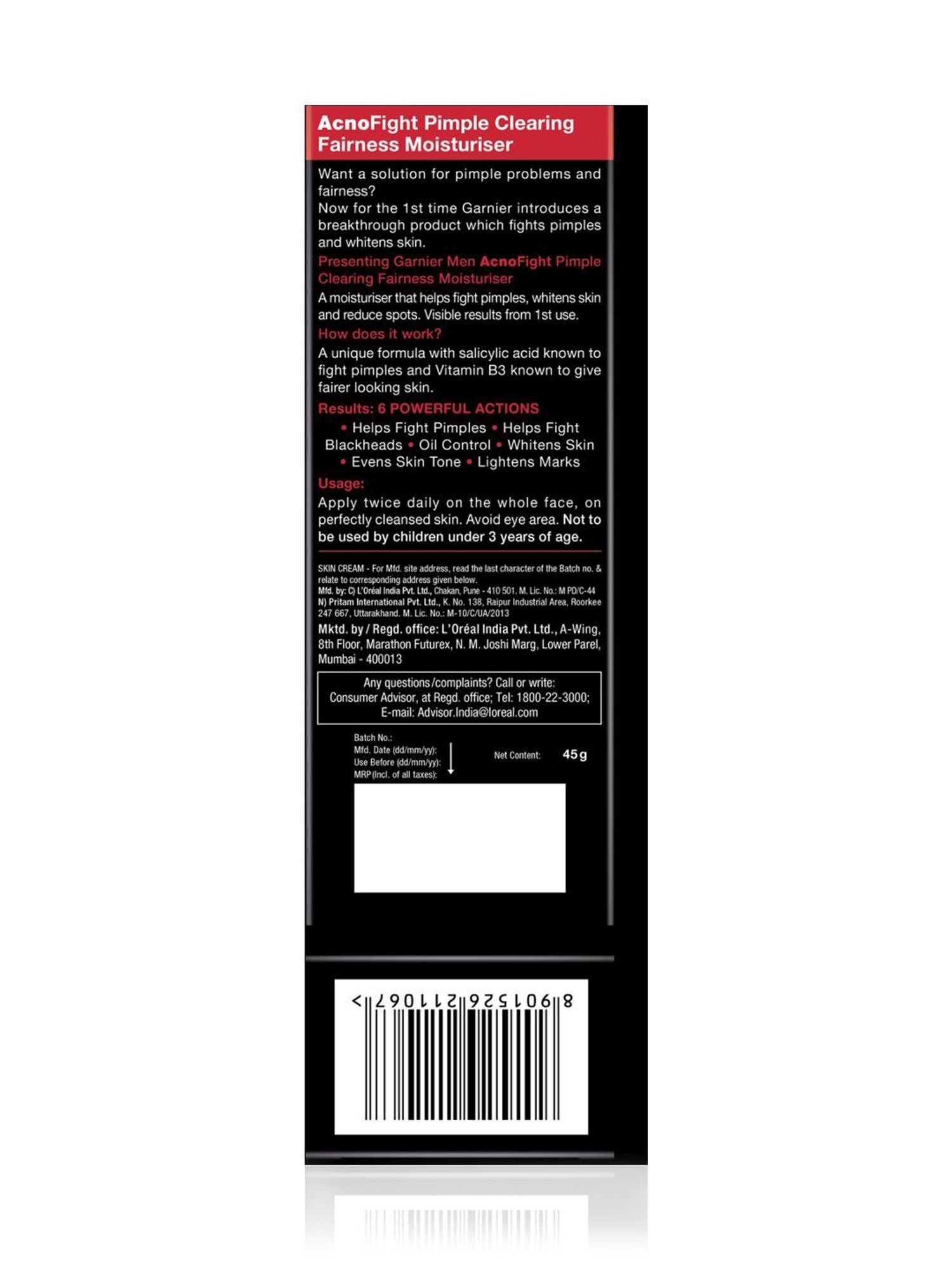 Garnier Men Acno Fight Pimple Clearing Whitening Day Cream - 45 gm