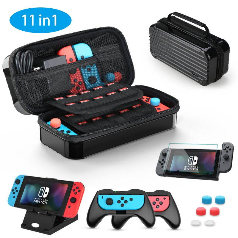 HEYSTOP Case for Nintendo Switch, 11 in 1 Nintendo Switch Carry Case with 2 Joy-con Grips for Nintendo Switch, Adjustable PlayStand, Tempered Glass Screen Protector with 6 Thumb Grip Caps, Black