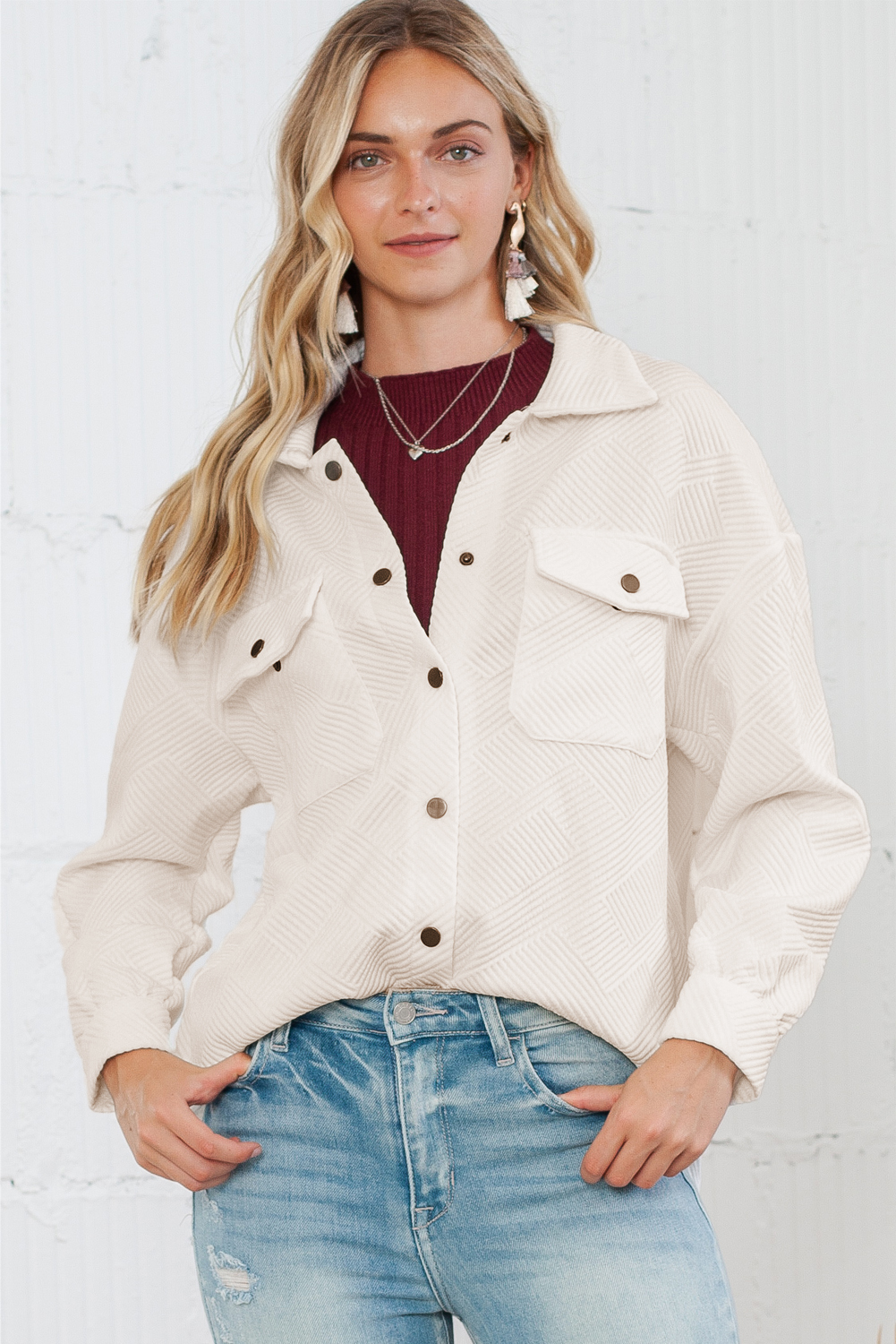 Beige Solid Textured Flap Pocket Buttoned Shacket