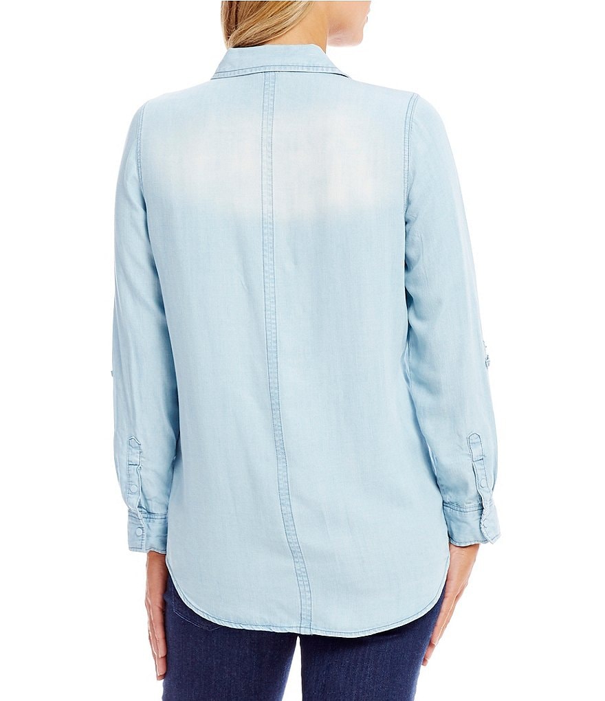 Intro Petites Roll-Tab Sleeve Button Front Slub Lyocell Shirt