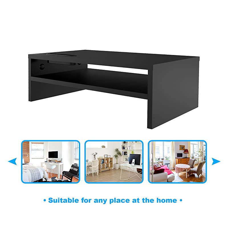 Wood Monitor Stand Arm Riser Desk Storage Organizer Speaker TV Laptop Printer Stand with Cellphone Holder and Cable Management 167 inch 2 Tiers Shelves Black