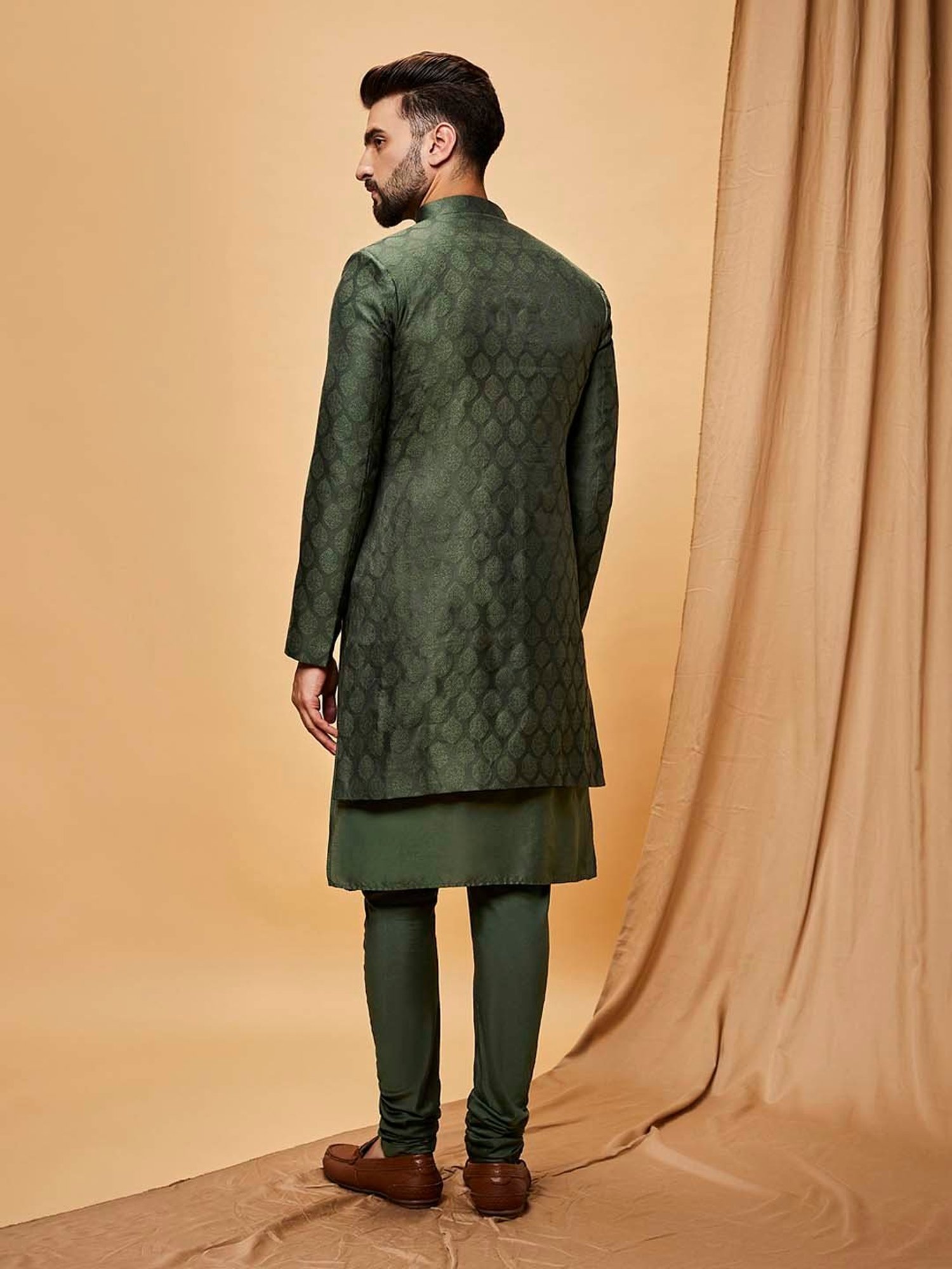KISAH Olive Regular Fit Self Design Sherwani Set