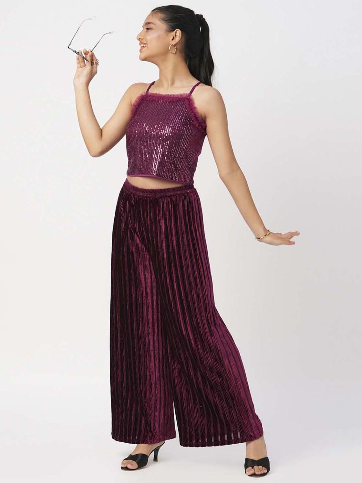 Lil Drama Kids Maroon Embellished Top Set