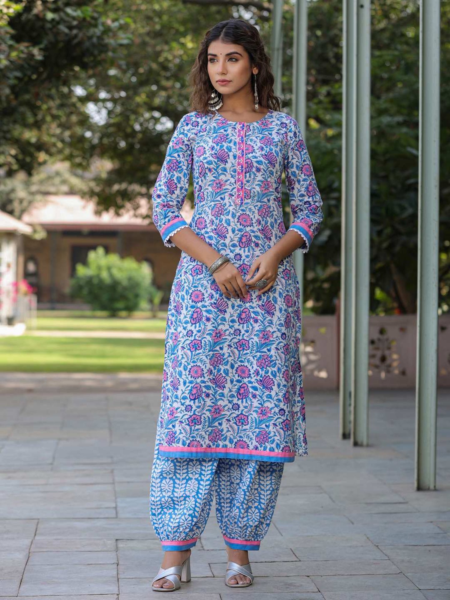 Rain and Rainbow Blue Cotton Embroidered Kurta & Salwar Set With Dupatta