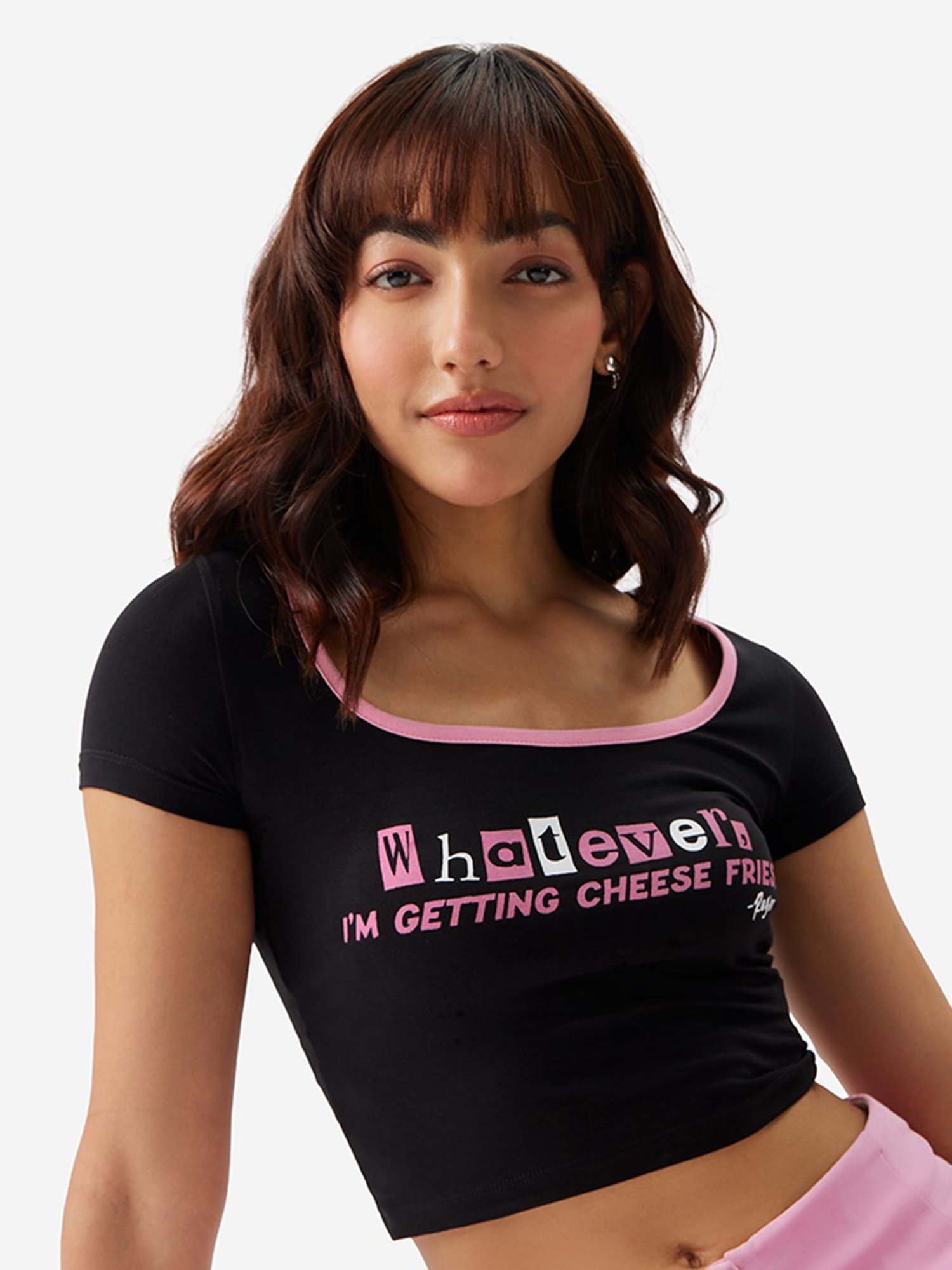 The Souled Store Black & Pink Graphic Print Crop Top