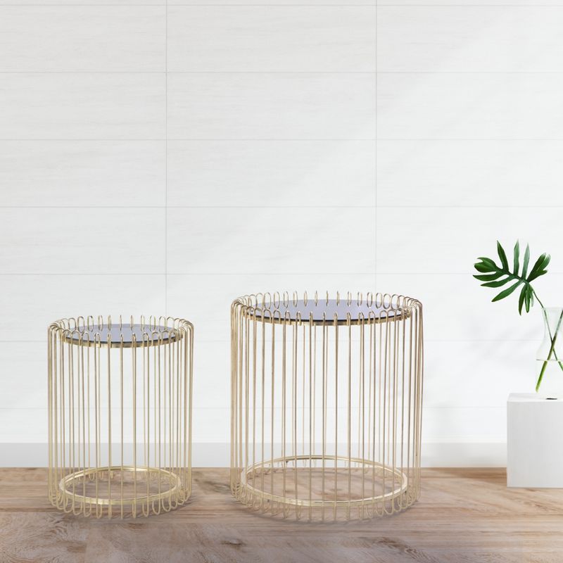 Bold Tones Set of 2 Modern Round Gold Metal End Table Set with Smoked Glass Top