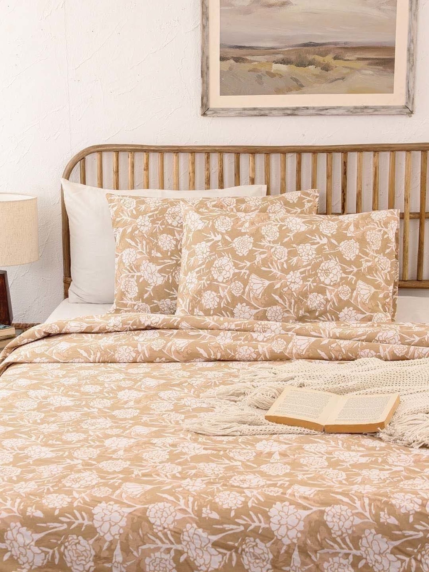 House This Genda Phool Beige & White Cotton 144 TC Single Duvet Cover