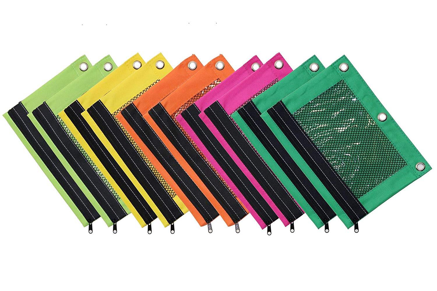 Omura Pencil Pouch, Mesh Windows, Zippered & Standard 3-Ring Binder ULTRA BRITE, Pack of 10