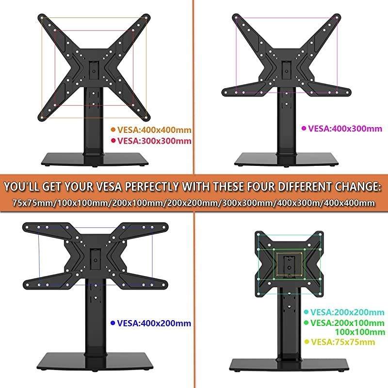 Universal Swivel TV StandBase Table Top TV Stand for 21 to 43 inch TVs with 90 Degree Swivel 4 Level Height Adjustable Heavy Duty Tempered Glass Base Holds up to 99lbs HT02B002