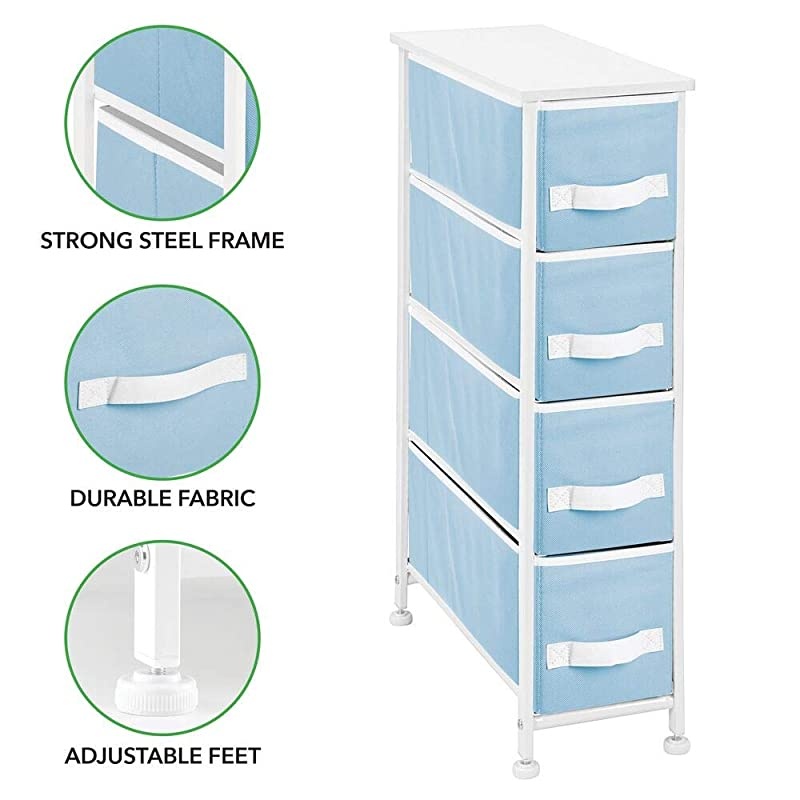 Narrow Vertical Dresser Storage Tower - Sturdy Metal Frame, Wood Top, Easy Pull Fabric Bins - Organizer Unit for Bedroom, Hallway, Entryway, Closet, 4 Drawers - Light Blue/White