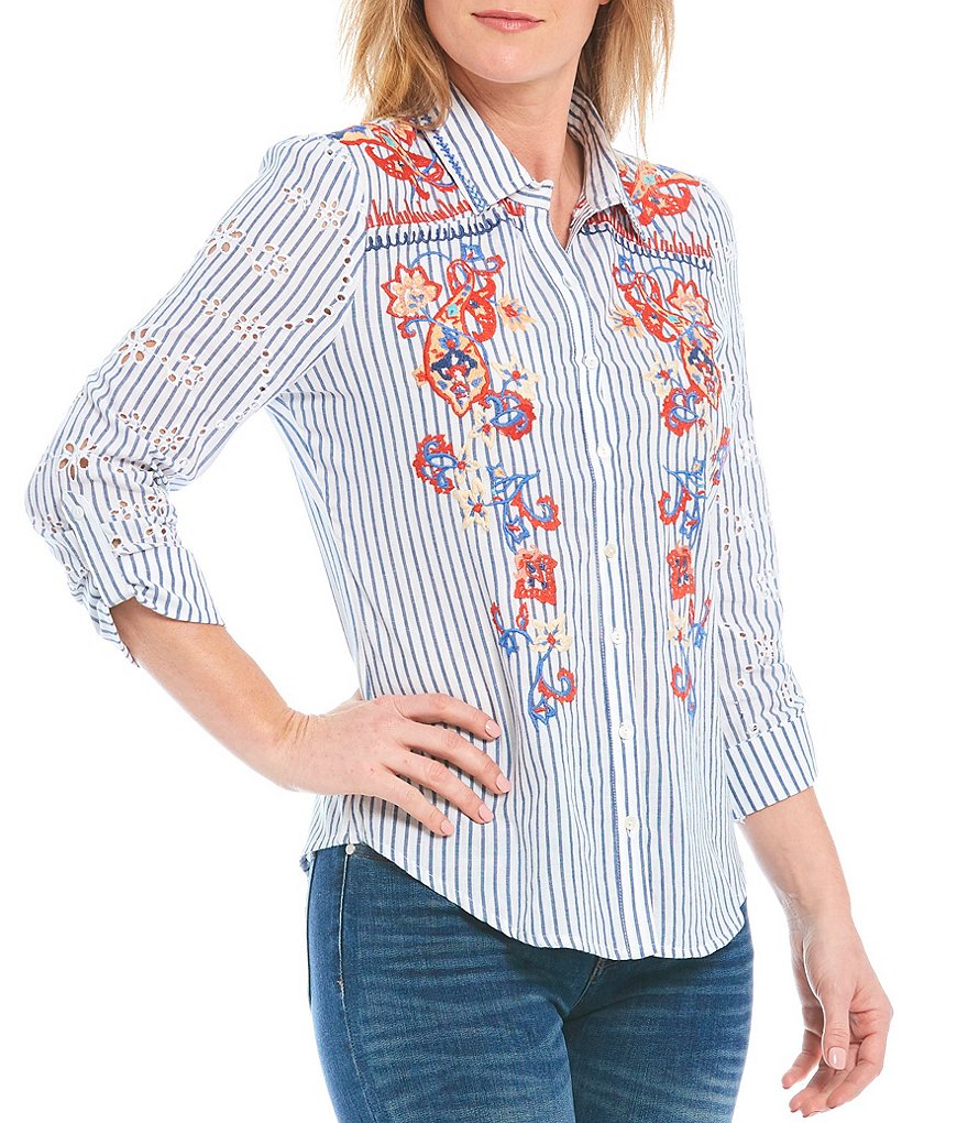 Reba 3/4 Cuffed Sleeve Button Front Embroidered Eyelet Shirt