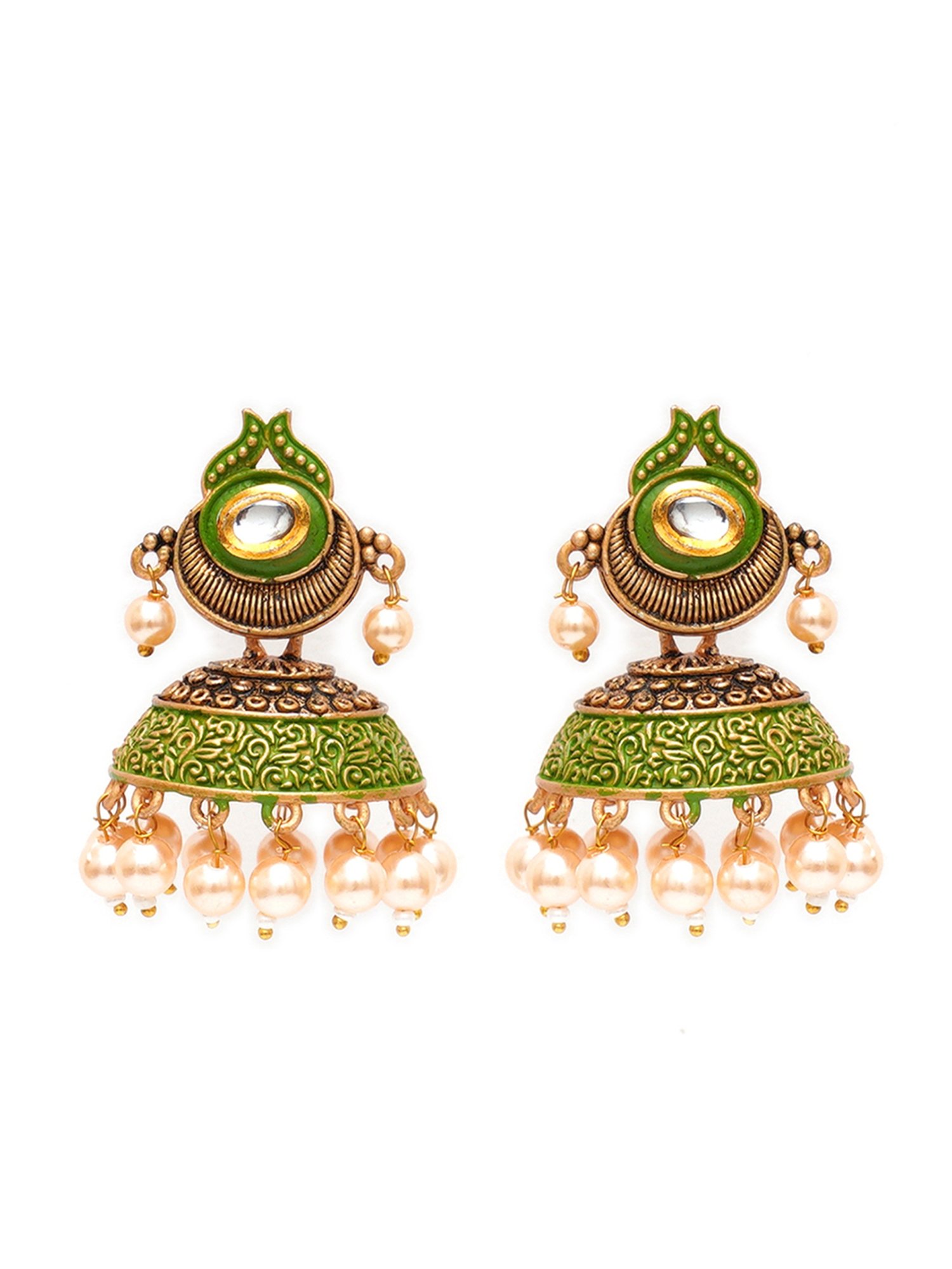 Karatcart Antique Gold-Plated Polki Kundan Studded Light Green Meena Jhumki Earrings for Women