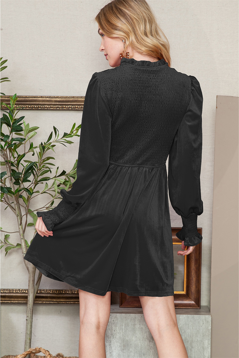 Black Smocked Lantern Sleeve Frilled Velvet Dress