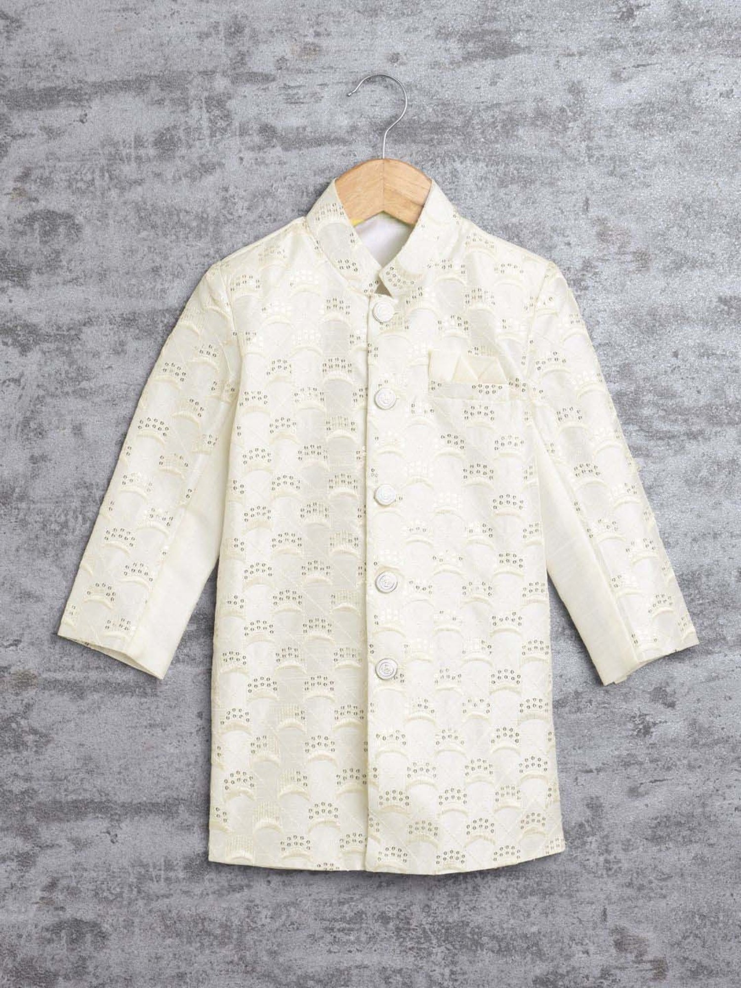 Ahhaaaa Kids White Embellished Full Sleeves Sherwani Set