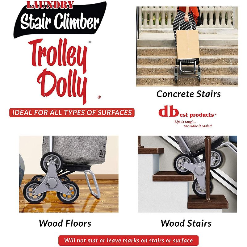dbest products 38 Inch Stair Climber Trolley Dolly with Laundry Hamper Utility Cart with Removable Washable Liner, Grey