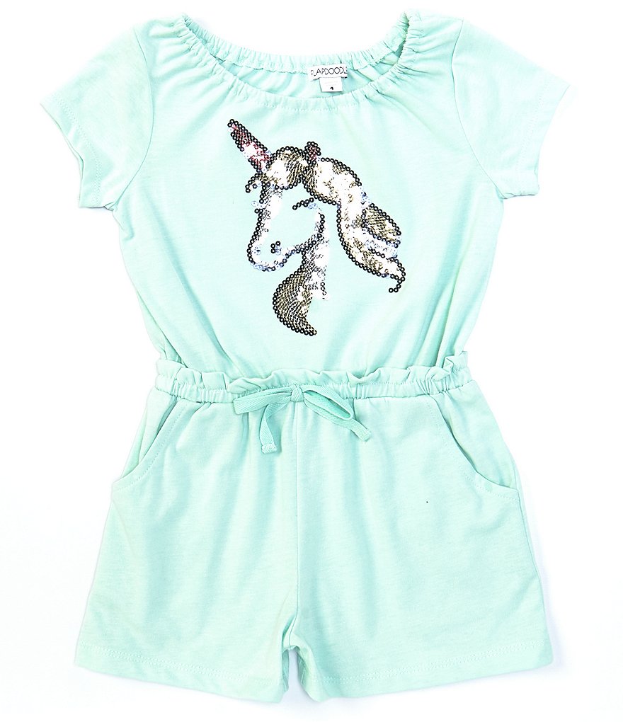 Flapdoodles Little Girls 2T-6X Short-Sleeve Unicorn Paperbag-Waist Romper