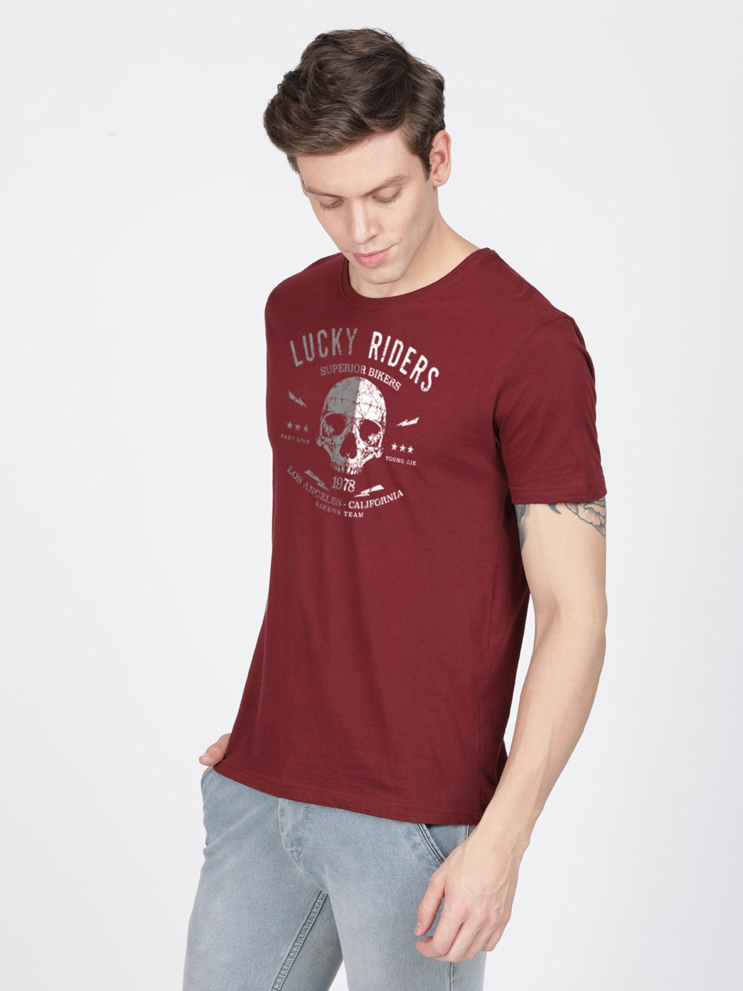 BLACK RADIO Maroon Slim Fit Printed Cotton Crew T-Shirt