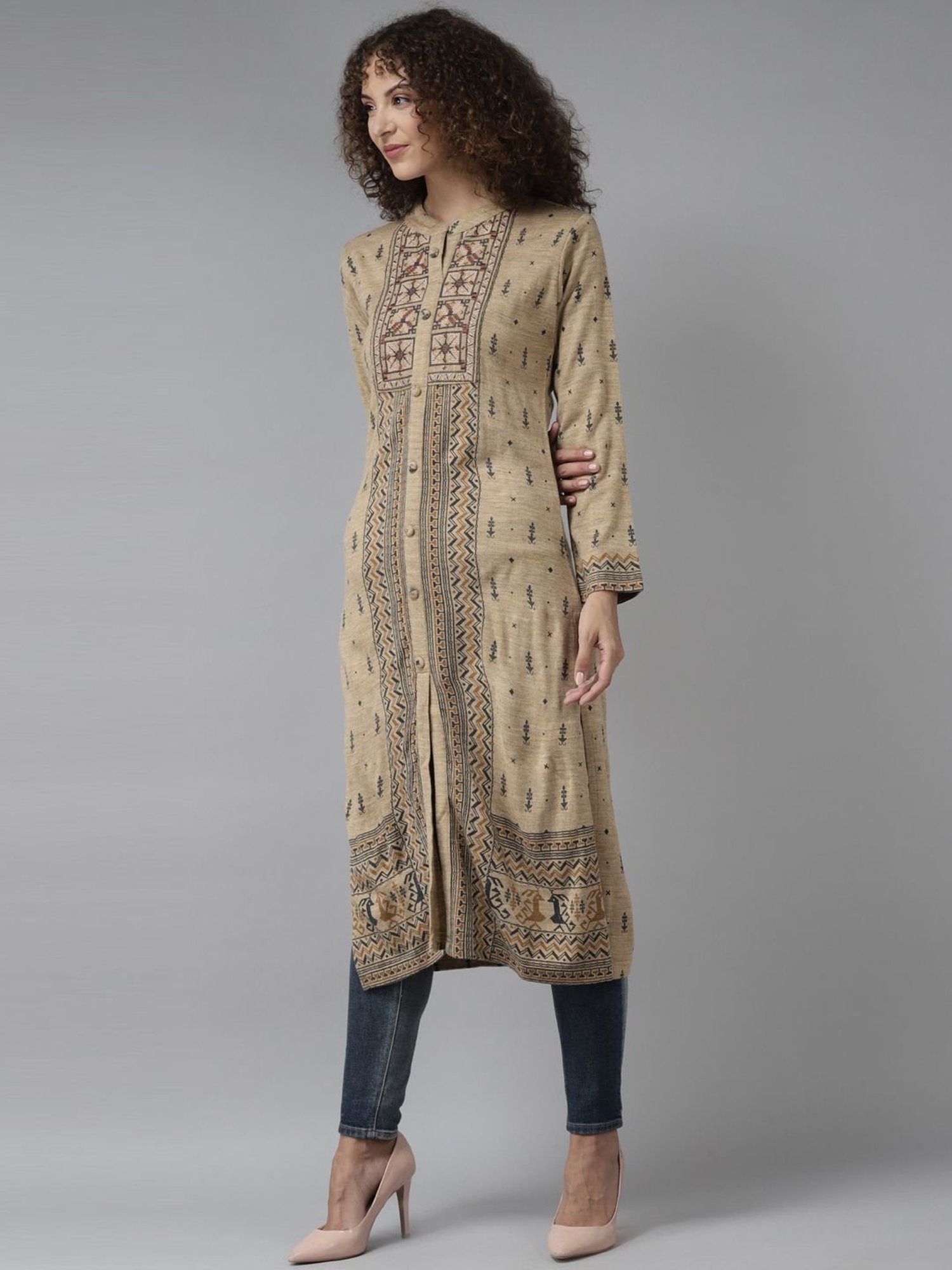 Cayman Beige Wool Embroidered Straight Kurta