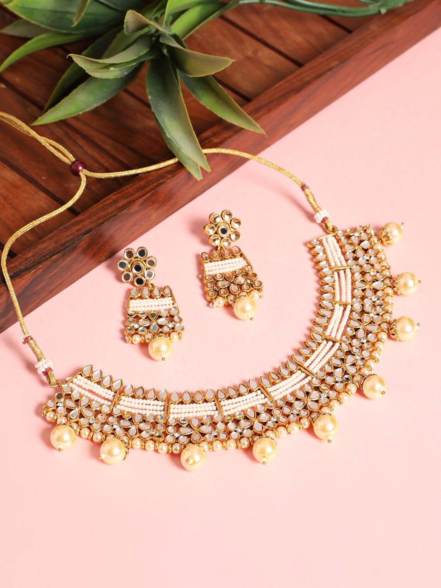 Aatmana Gold-Plated Mirror Studded White Beads Reversible Necklace & Earring Set