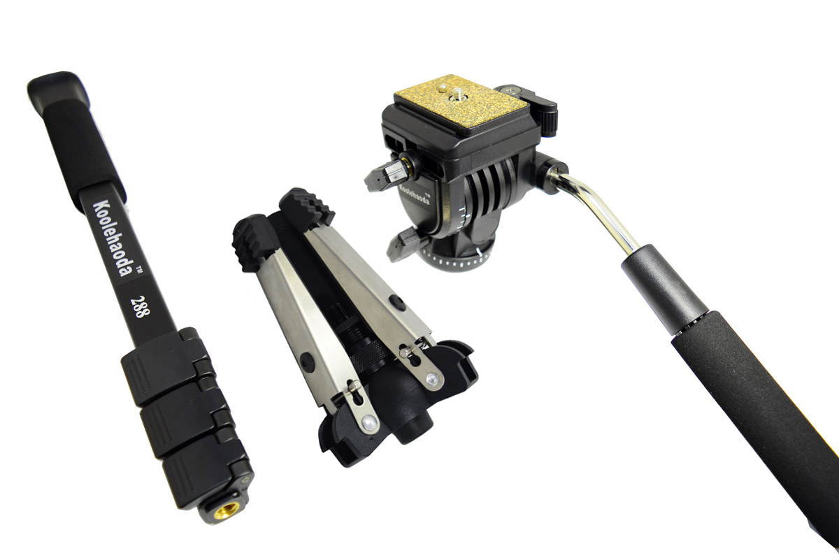 Koolehaoda Professional Camera Aluminium Monopod Fluid Video Head with Folding Three Feet Support Stand, Max:58.2"
