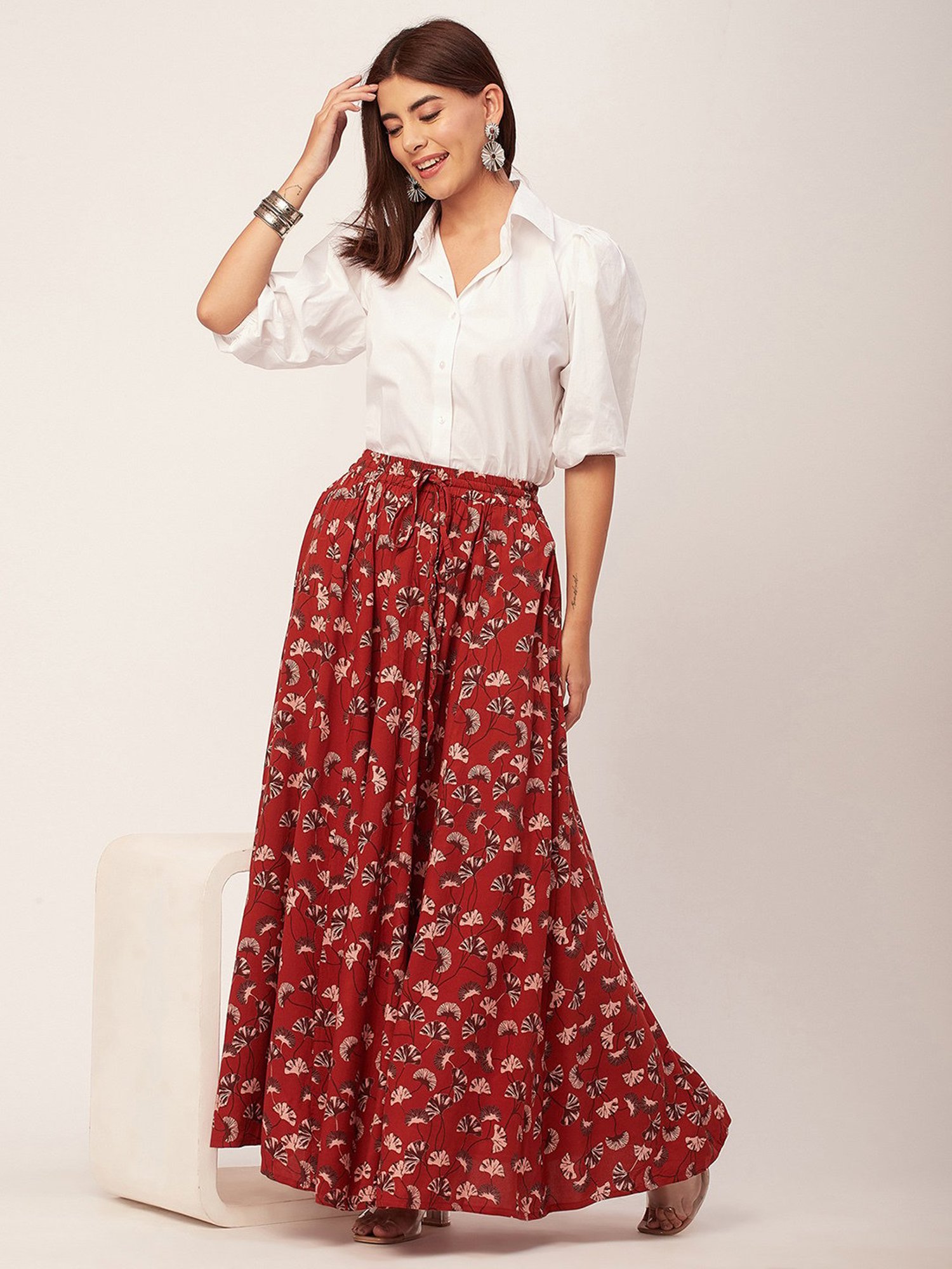 Moomaya Red Floral Print Skirt