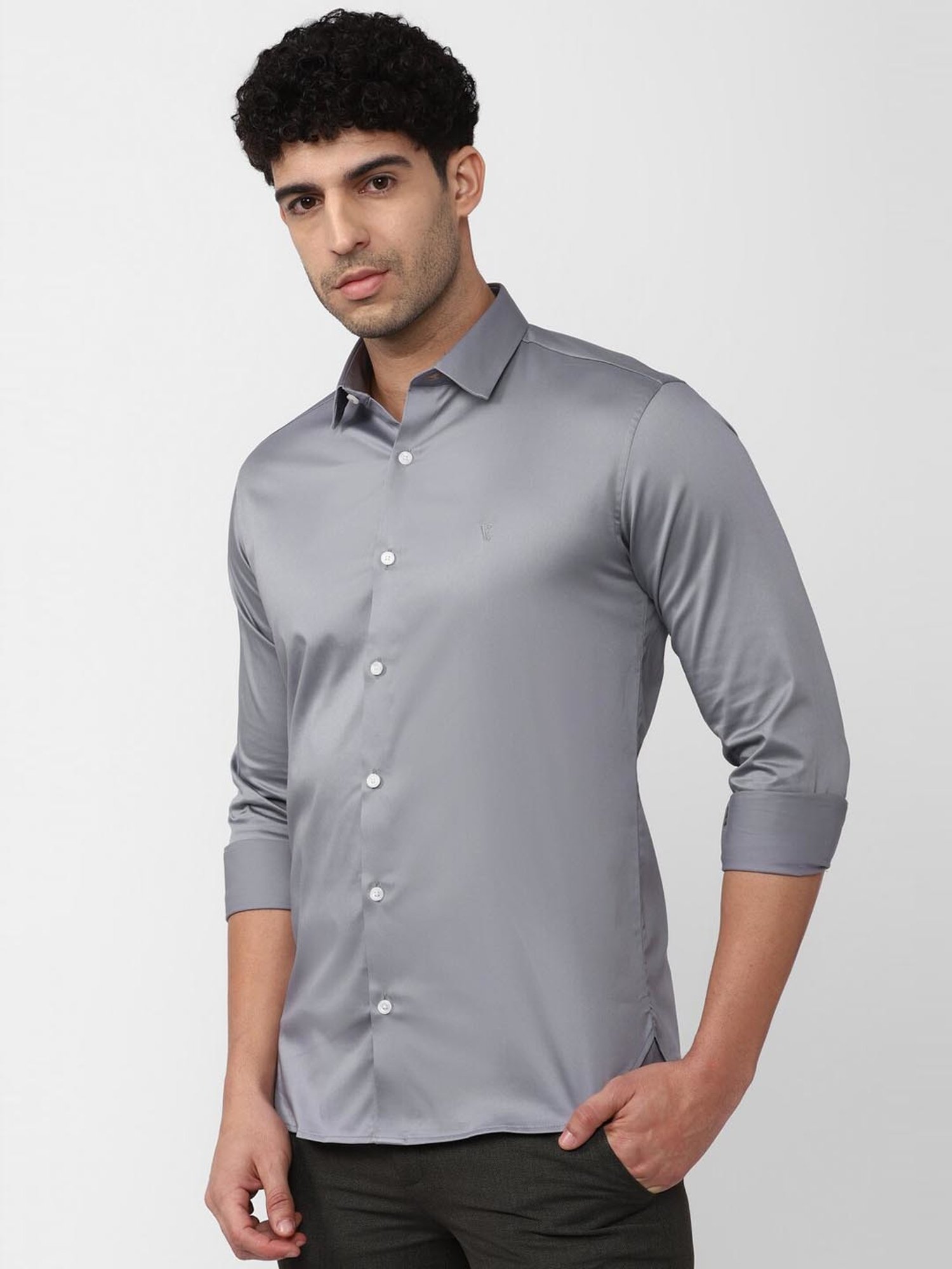 V Dot Grey Cotton Slim Fit Shirt
